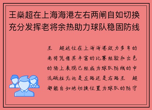 王燊超在上海海港左右两闸自如切换充分发挥老将余热助力球队稳固防线