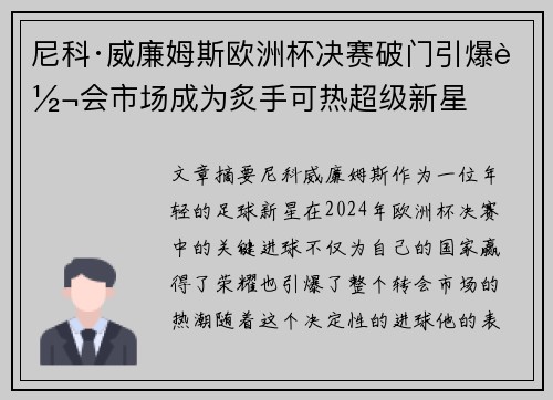 尼科·威廉姆斯欧洲杯决赛破门引爆转会市场成为炙手可热超级新星